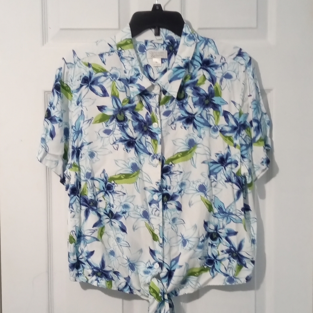 Christopher & Banks White Floral Button Down Shirt